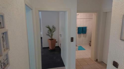 ein Badezimmer mit einem WC und einer Topfpflanze in der Unterkunft Gästehaus Ballmann 2 in Rockeskyll