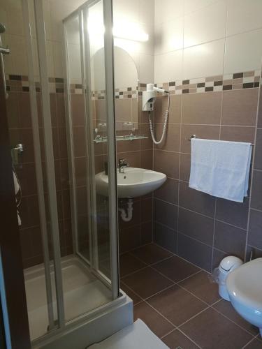 a bathroom with a shower and a sink at Miklós Fogadó és Étterem in Mátraterenye