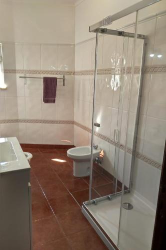 a bathroom with a toilet and a glass shower at Spacious Central 2 Bedroom Apartment in Setúbal