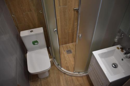 een badkamer met een douche, een toilet en een wastafel bij Central Luxury Apartment in Thessaloniki in Thessaloniki