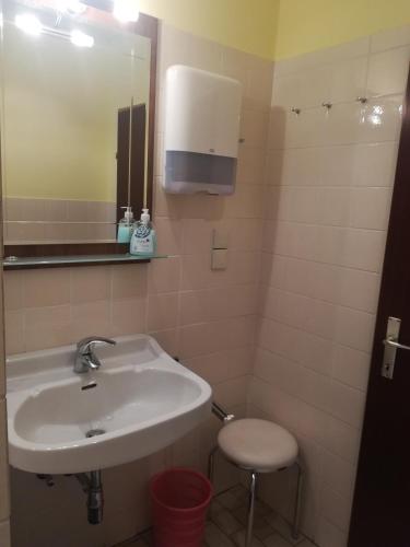 a bathroom with a sink and a stool and a mirror at Haus Staubmann Nähe Red Bull Ring Spielberg in Rattenberg