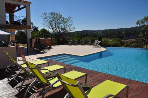 un groupe de chaises assises à côté d'une piscine dans l'établissement Résidence Château Saint Martin, à Saint-Martin-dʼArdèche