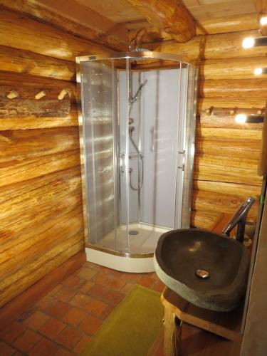 une salle de bain avec une douche en verre et un lavabo dans l'établissement La cabane de Hans, à Saint-Martial-de-Gimel