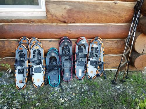 a row of snowboards lined up against a wall at Northern Sky Lodge in Fairbanks