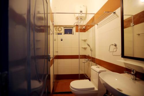 a bathroom with a toilet and a shower and a sink at Cherry Blossom Homestay in Kodaikānāl