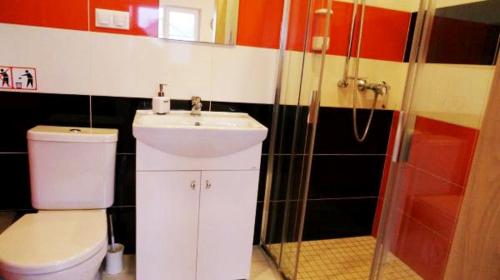 a bathroom with a toilet and a sink and a shower at Irmos Apartamentai salia Klaipedos in Toleikiai
