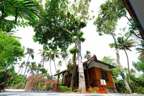 a small house in the middle of palm trees at Marari Arapakal Beach Villa in Mararikulam