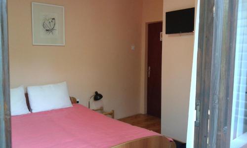 a bedroom with a bed with a pink blanket at Smeštaj - sobe MARVEL in Niš
