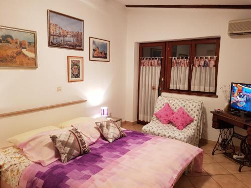 una camera con letto, scrivania e TV di Apartment Noemi a Medulin