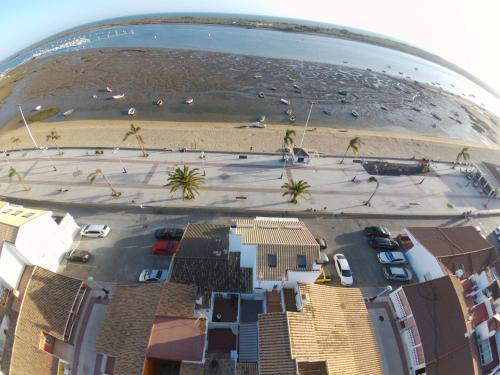 an aerial view of a beach with palm trees and buildings at Apartamentos en Paseo Maritimo in El Rompido