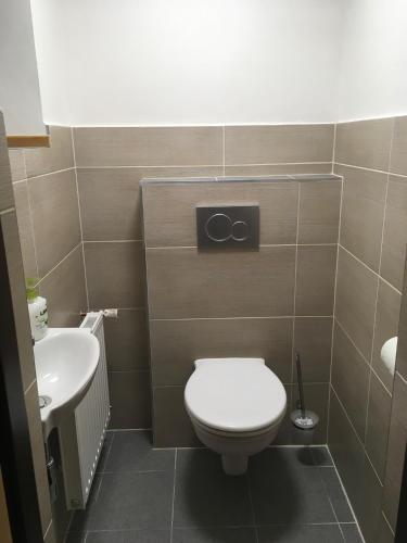 a small bathroom with a toilet and a sink at Chalupa Herman in Rudník