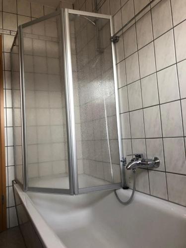 a shower with a glass door in a bathroom at Ferienwohnung Vier Sterne in Goslar
