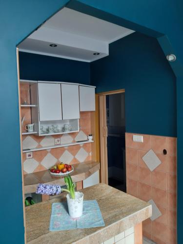 uma cozinha com paredes azuis e um balcão em Apartament Dworcowa em Chełmno