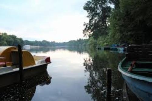 two boats are docked on a river at Cosy flat in trendy Sprengelkiez (legal) in Berlin