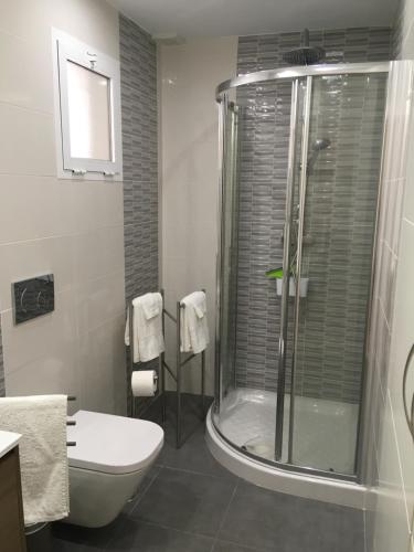 een badkamer met een douche, een toilet en een wastafel bij Avda de las Palmeras Apartment in Benalmádena