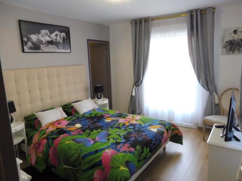 1 dormitorio con 1 cama con un edredón colorido en rosa picardia en Rue