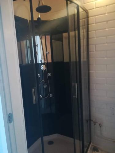 a shower with a glass door in a bathroom at Köpsintie 4 in Pyhäjärvi