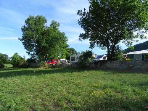 a grassy field with a tree and vehicles in the background at Goute la vie in Marchamp