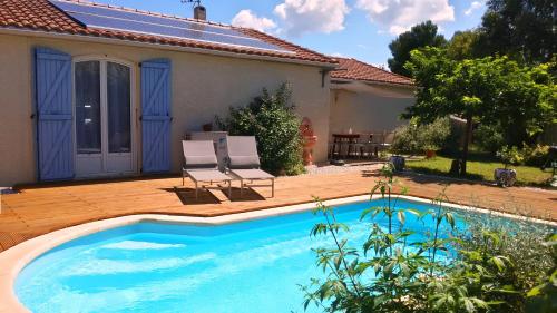 une piscine devant une maison dans l'établissement Villa Ardilla - Classée 3 étoiles -Grand confort et bien-être à proximité immédiate du centre du village et des commerces, à Canet