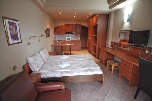 ein Wohnzimmer mit einem Bett und eine Küche in der Unterkunft Villa Forum in Ohrid