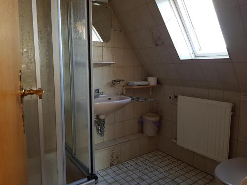 een kleine badkamer met een wastafel en een douche bij Haus-Eilers-Borkum in Borkum