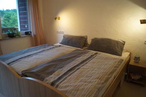 ein großes Bett in einem Zimmer mit Fenster in der Unterkunft Ferienwohnung Shamrock in Hahnenklee-Bockswiese