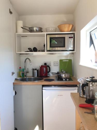 a small kitchen with a sink and a microwave at The Studio @ Aubrey Cottage in Chichester