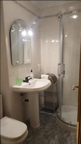 a bathroom with a toilet and a sink and a shower at Piso en el casco antiguo in Zamora