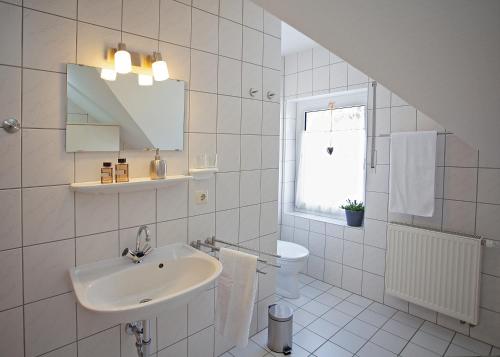 ein weißes Bad mit einem Waschbecken und einem WC in der Unterkunft Ferienwohnung Rothaarsteig in Winterberg-Neuastenberg in Winterberg