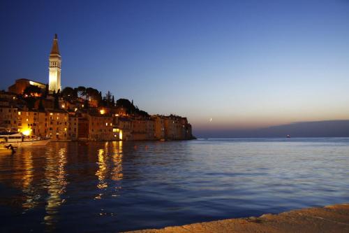 a view of a city with a clock tower at night at Apartments Suki in Rovinj