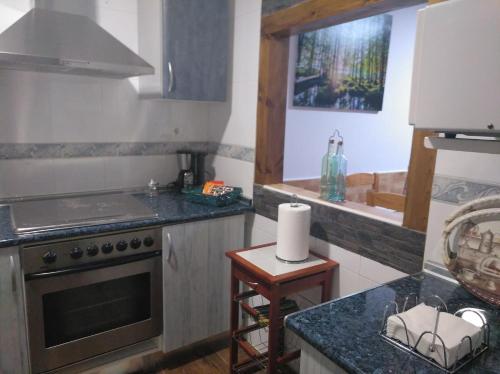 a kitchen with a stove and a sink and a counter at Casa Comendador in Retuerta de Bullaque