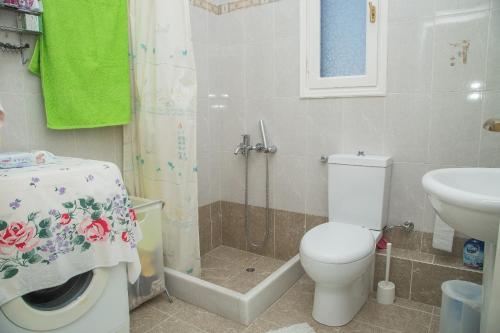 Un baño con inodoro, ducha y lavabo. en Villa Eva with Panoramic view, en Pirgos