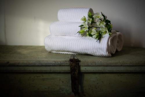a stack of towels on a table with a plant at Torrione Trento in Trento