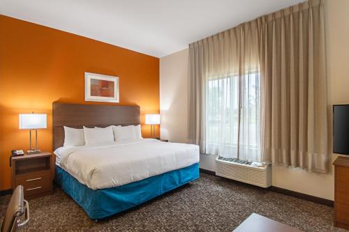 ein Hotelzimmer mit einem Bett und einem Fenster in der Unterkunft MainStay Suites Madison - Monona in Madison