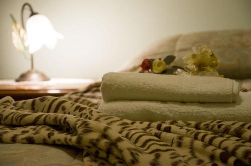 uma pilha de toalhas sentadas em cima de uma cama em A CASA DI FRANK em Sora