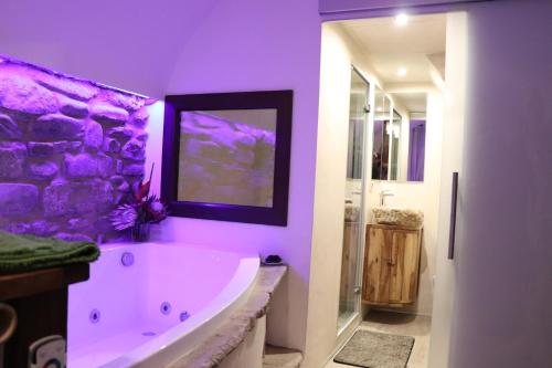 een paarse badkamer met een groot bad en een stenen muur bij B&B Il Libro Verde in Dolceacqua