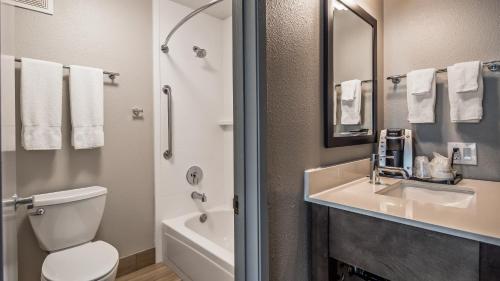 a bathroom with a sink and a toilet and a mirror at Best Western McMinnville Inn in McMinnville