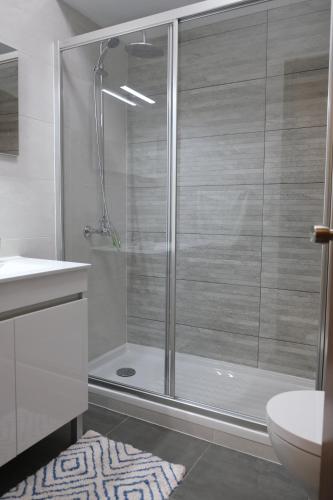 um chuveiro com uma porta de vidro na casa de banho em Apartamento Tres Marias em Lagoa