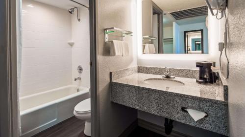 サンディエゴにあるベスト ウエスタン ヨット ハーバー ホテルのバスルーム(洗面台、トイレ、鏡付)