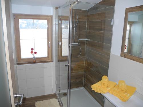 baño con ducha y puerta de cristal en Entschleunigungshof Huberbauer en Kötschach