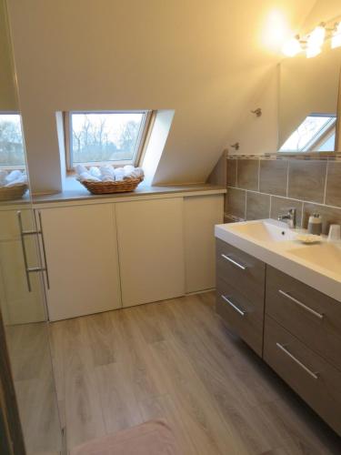 a bathroom with a sink and a mirror and a window at Chambres d'hôtes La Mare aux Saules in Sausseuzemare-en-Caux