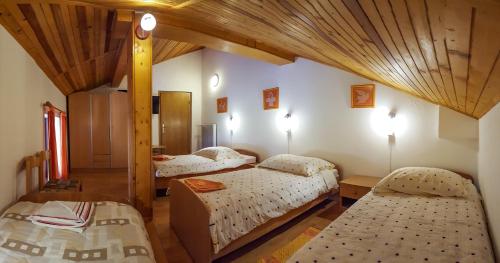 a room with three beds in a room at Rooms with shared kitchen Zver, great for hikers in Hudajužna