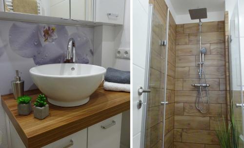 a bathroom with a sink and a shower at Ferienwohnungen _ WE DAHAMM in Memmelsdorf