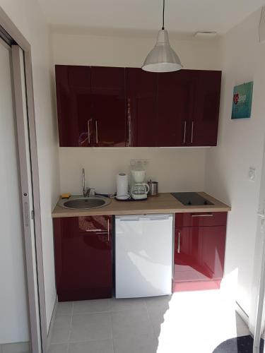 La cuisine est équipée de placards bruns et d'un évier. dans l'établissement La Puisatière, à Saint-Pierre-dʼArthéglise