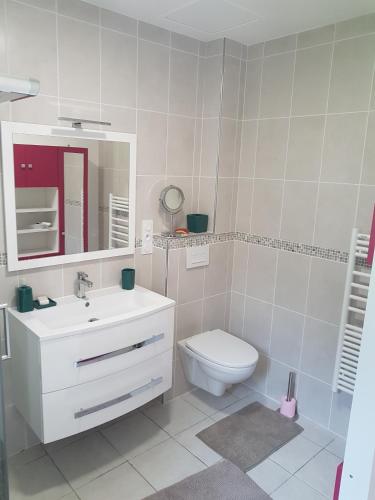 une salle de bain avec toilettes, lavabo et miroir dans l'établissement La Puisatière, à Saint-Pierre-dʼArthéglise