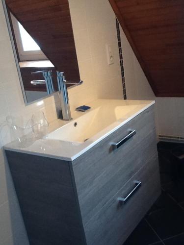 a bathroom with a sink and a mirror at Le rocher de bonnevie in Murat