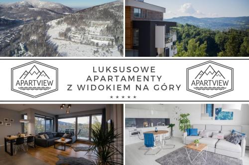 een collage van foto's van een woonkamer en een huis bij ApartView Premium by Rent like home in Wisła