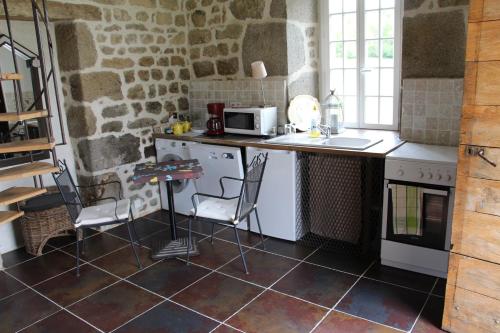 a kitchen with a counter with a stove and a sink at Les Vergnes in Saint-Pardoux-le-Neuf