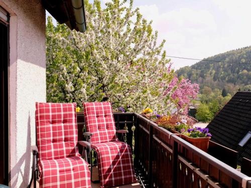 twee stoelen op een balkon met een boom bij Ferienhaus Trautner in Muggendorf