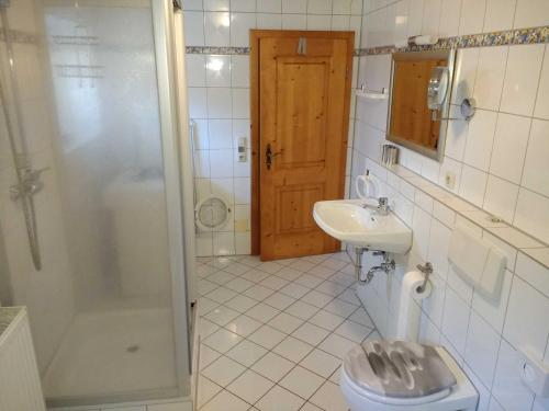 y baño con aseo, lavabo y ducha. en Ferienhaus Herzogenreuth, en Heiligenstadt